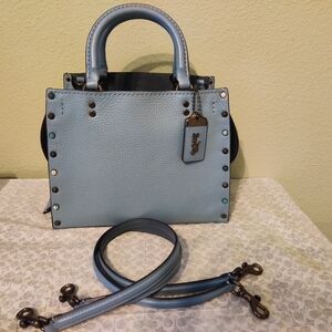 Coach rogue 25 shoulder bag in glovetanned leather with rivets slate blue